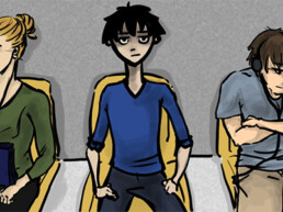 cartoon drawing three strangers people waiting