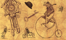 sketched montage of frog on a penny farthing bike, bugs on bikes, a cuckoo clock, key and derby hat