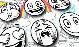Stylized sketched emoticons (happy, mad, crying, love) against random doodle background